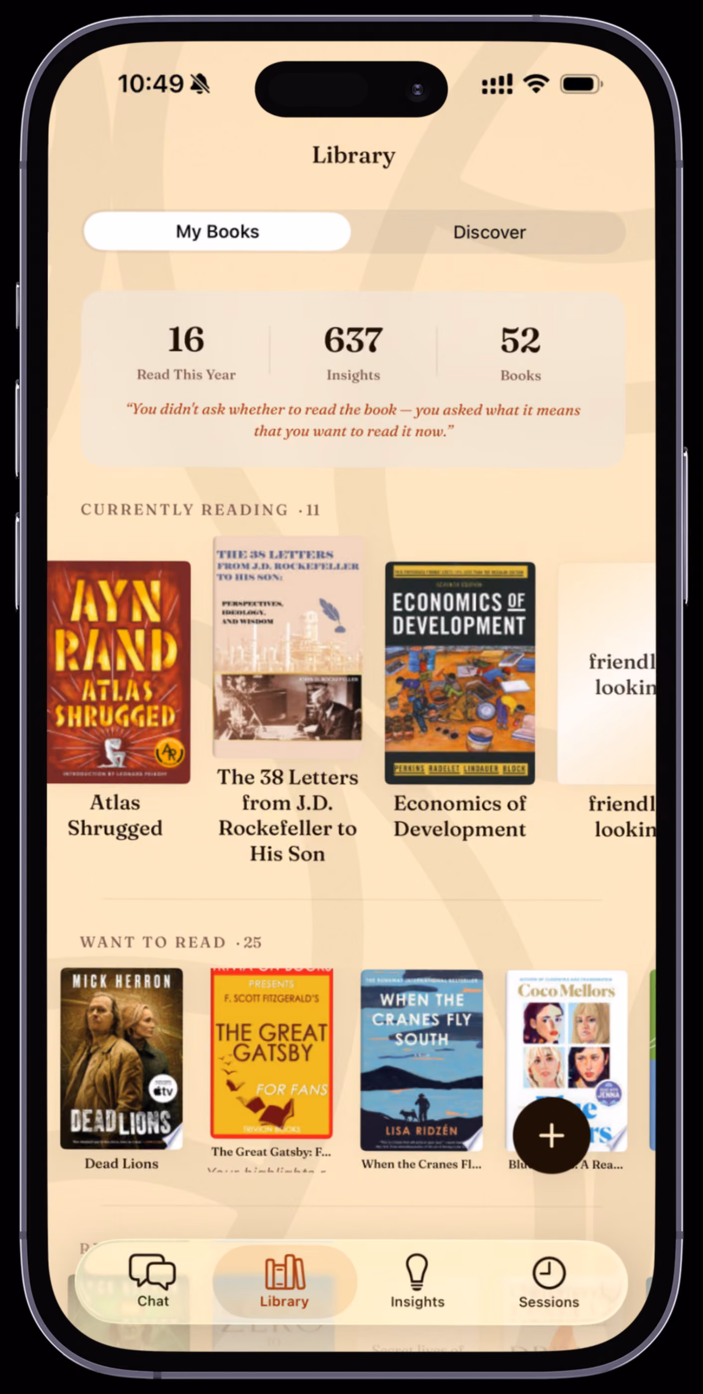 Avid library view showing a reader’s shelves and reading activity